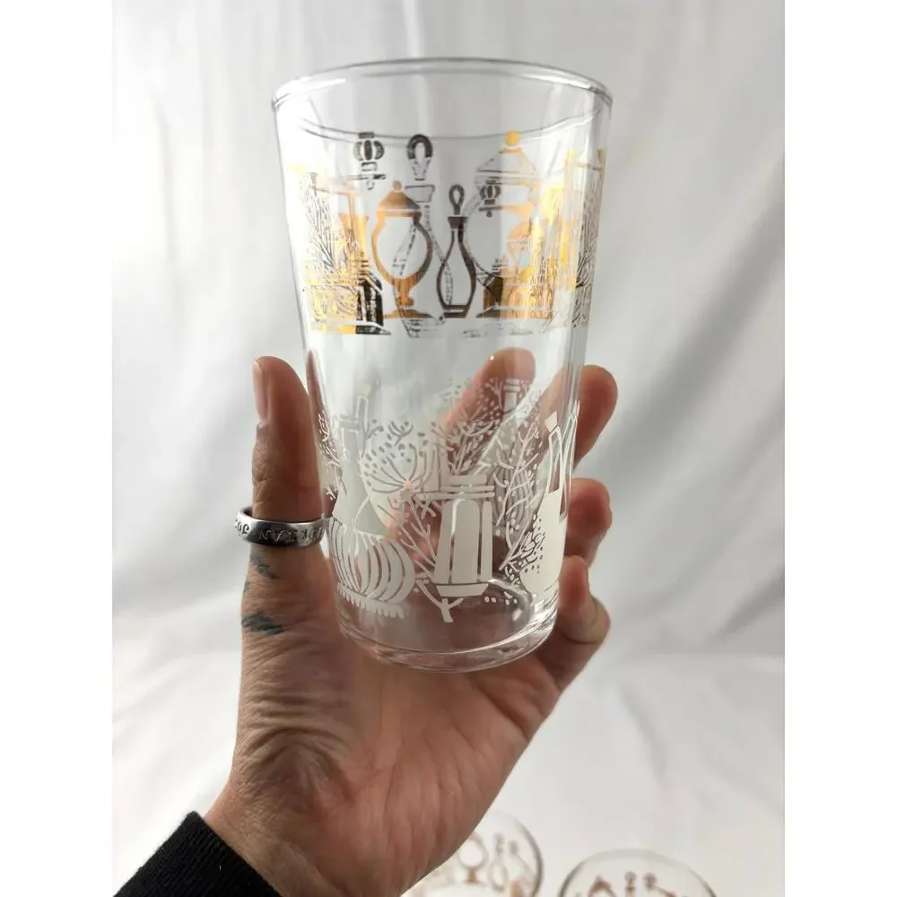 Vintage Federal Glass Tumblers Set of 4 Clear Drinking Glass Gold Accent Design‎